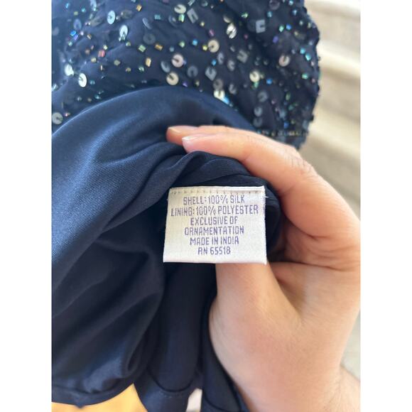 Patra Navy Beaded Silk Draped Scoop Neck Cocktail Dress - Picture 8 of 9